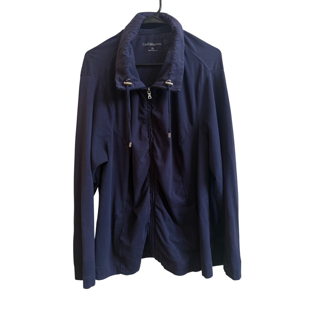 Croft & Barrow Womens 2X Navy Blue Ruched Zip Up Jacket Funnel Neck Cotton Blend
